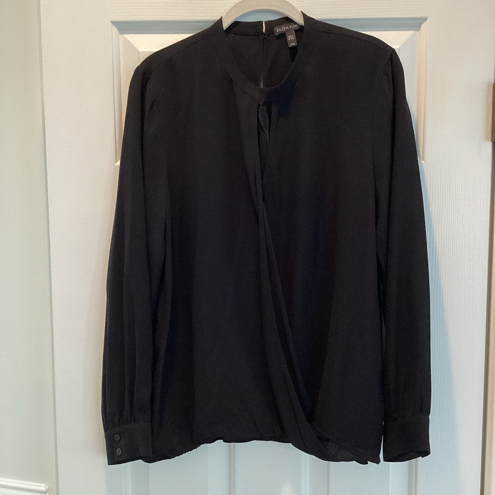 Eileen Fisher 100% Silk Georgette Long Sleeve Keyhole Blouse, Black, M